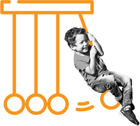 Illustration of student swinging on a newton's cradle